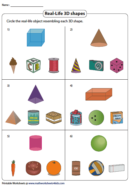 3D Shapes in Real Life Kindergarten Worksheet 23 Kindergarten student matching 3D shapes to everyday objects on a worksheet