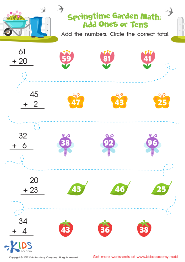 Garden Math Addition Practice Worksheet for Early Learners Kindergarten students solving single-digit addition problems with garden flowers and vegetables illustrations