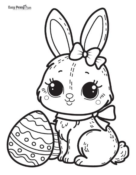 A friendly Easter Bunny peeking behind a large decorated egg on a coloring worksheet for kindergarten students