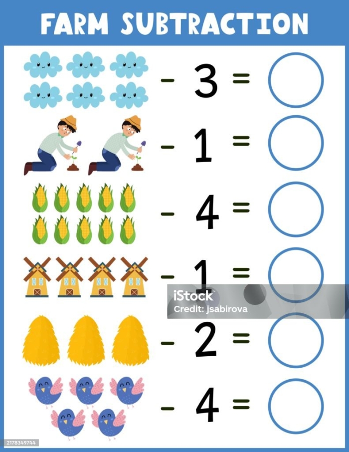 Kindergarten subtraction on the farm worksheet with animal themed math problems