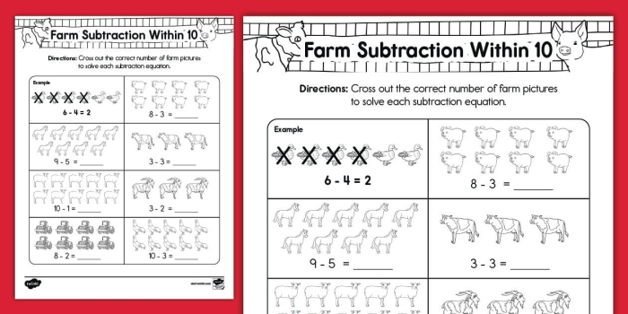 Kindergarten students solving farm animal subtraction problems on worksheet 21