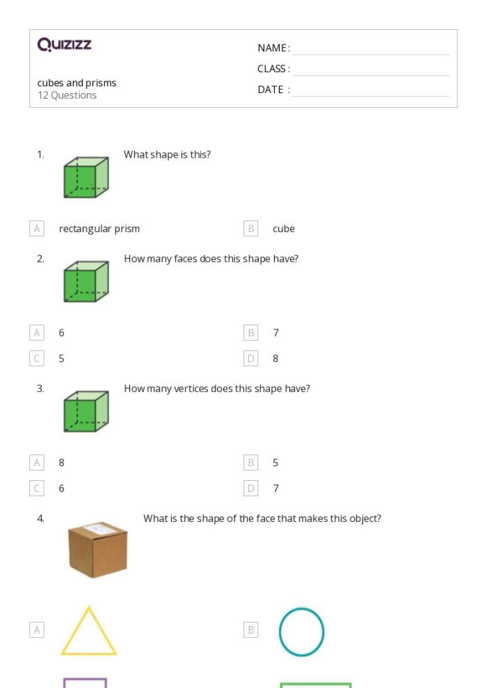Kindergarten worksheet with a printable rectangular prism cut-out pattern for geometry lessons