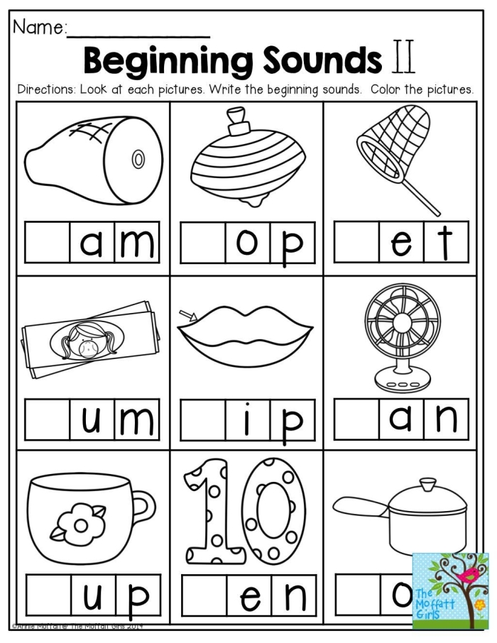 Kindergarten student matching letters to beginning sounds on a practice worksheet