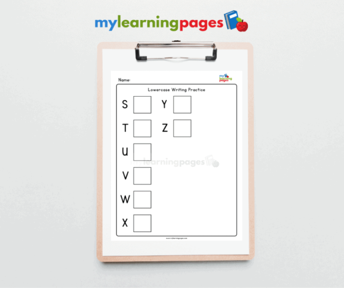 Writing Lowercase Letters Practice Activity for Early Learners Kindergarten student practicing writing lowercase letter formations on a lined worksheet exercise