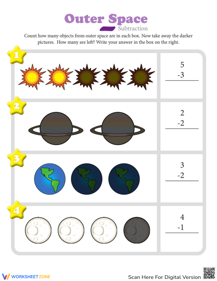 Subtracting in Space Worksheet 19 - Stars and Rocketship Math Practice Kindergarten student solving subtraction problems with colorful stars and a rocketship in a space-themed worksheet activity