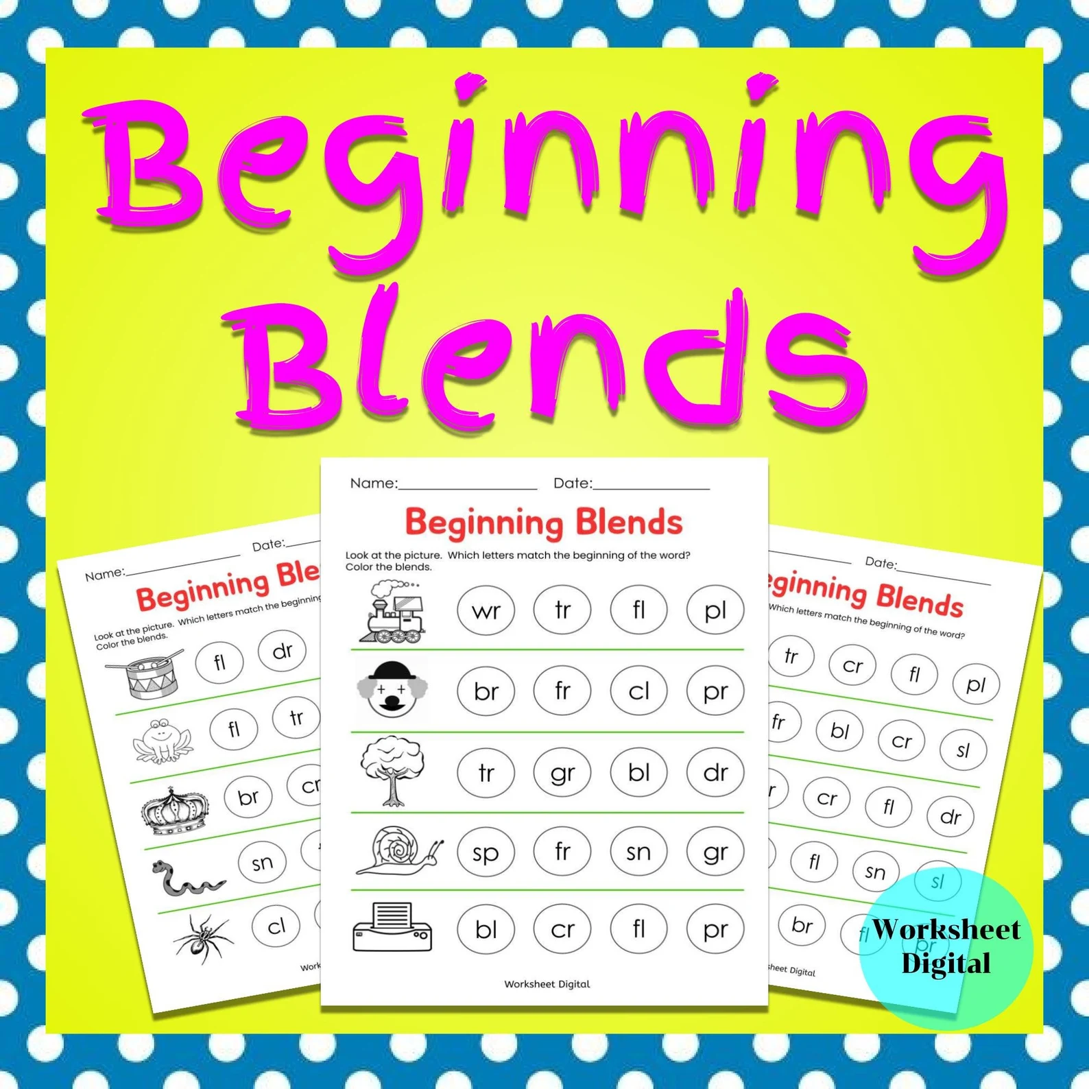 Beginning Blends Review worksheet 23 for early readers learning initial consonant sounds Kindergarten student practicing beginning consonant blends with pictures of frog prince and snake