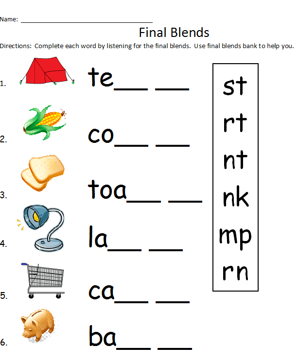 Beginning Blends Review Worksheet 16 for Kindergarten Literacy Kindergarten worksheet featuring beginning blend practice for words like frog, prince, and snake