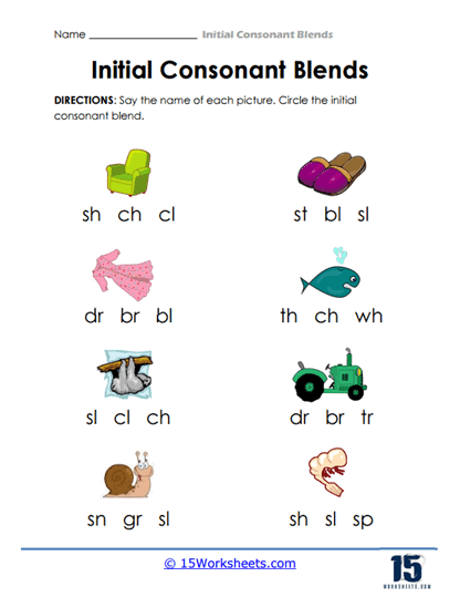 Beginning Consonant Blends worksheet for kindergarten students featuring a fill-in-the-bubble test format