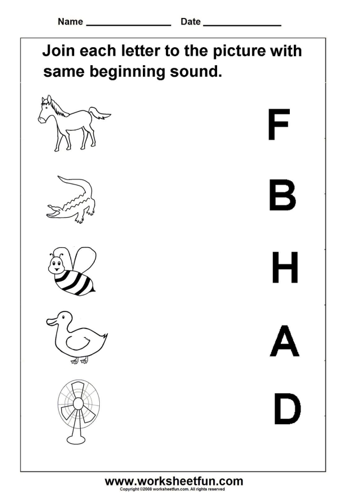 Kindergarten worksheet for practicing beginning letter sounds and matching exercises