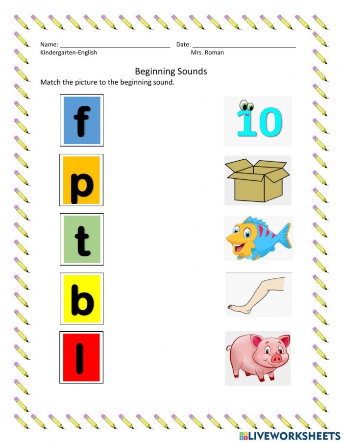 Algebra worksheet for Kindergarten Beginning Sounds Match-Up worksheet for Kindergarten students focusing on letter sounds through picture matching. Engaging activity for early learners to practice phonics skills.