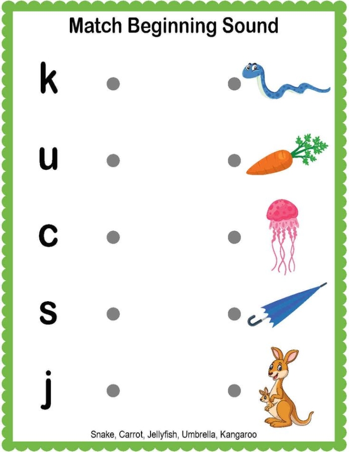 Kindergarten phonics worksheet featuring matching exercises for beginning letter sounds image 17
