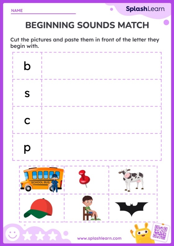 Kindergarten worksheet for matching pictures with the same beginning phonics sounds