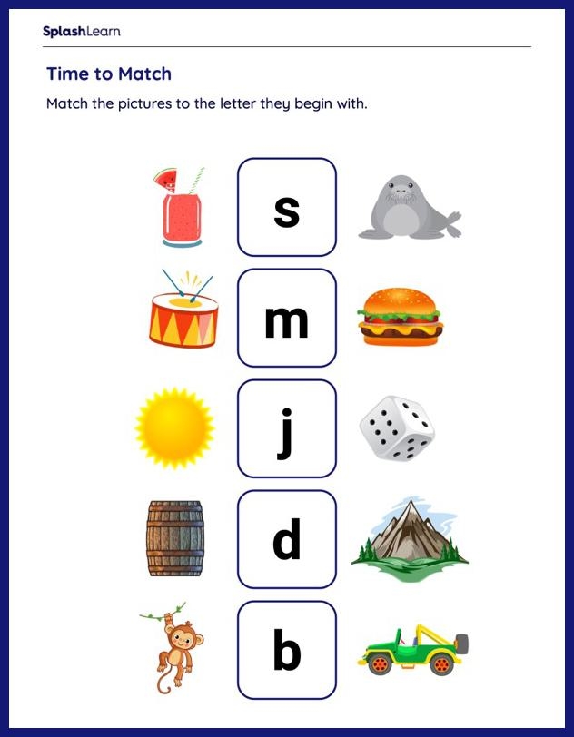 Kindergarten worksheet featuring matching exercises for identifying beginning sounds of illustrated objects