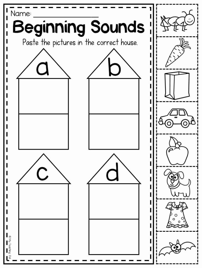 Beginning Sounds worksheet for kids featuring phonics practice with images and letters