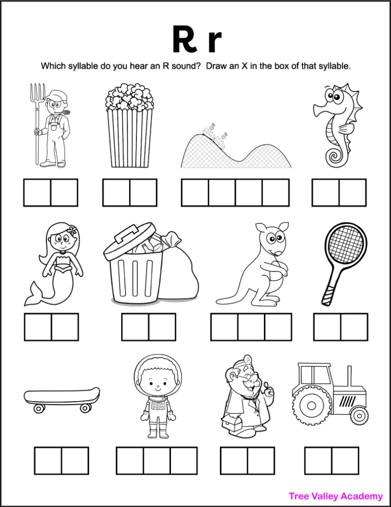 Worksheet for practicing beginning sounds of R, S, and T for kindergarten students