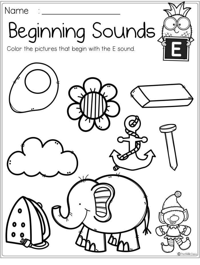 Worksheet featuring beginning sounds from A to E for kindergarten students