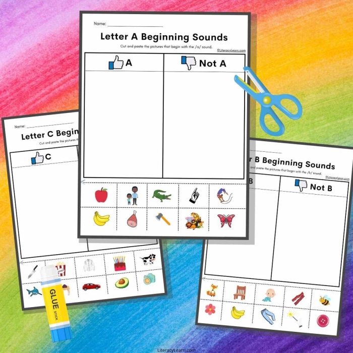 Beginning Sounds worksheet for kindergarten students featuring images and letter options