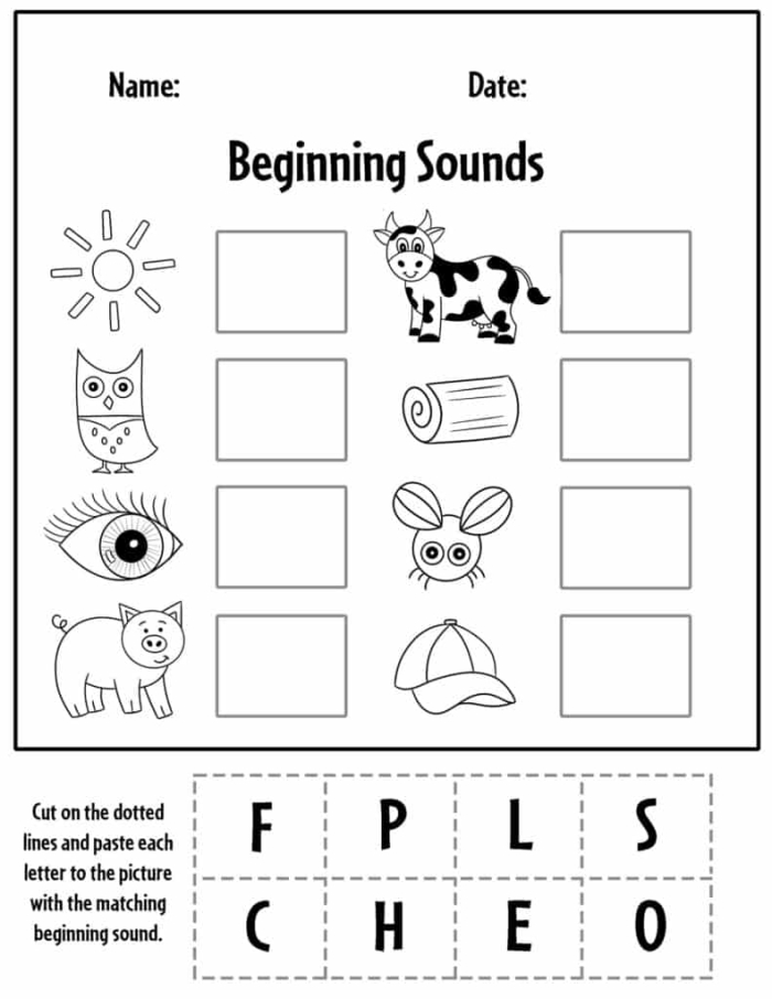 Worksheet featuring beginning sounds from A to E for matching pictures in phonics