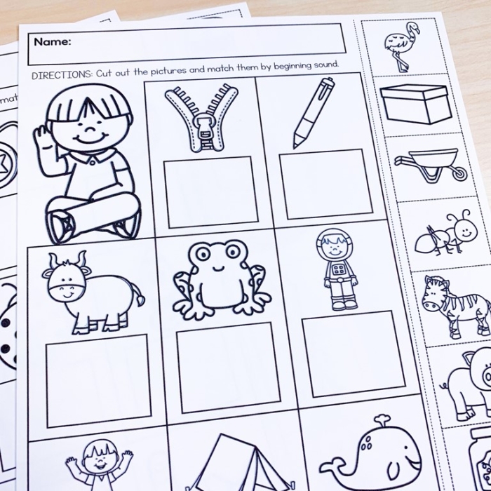 Kindergarten phonics worksheet featuring matching exercises for initial letter sounds 2