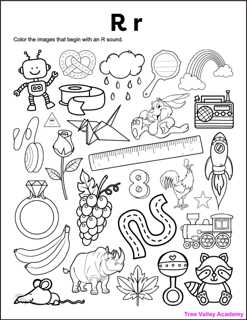 Kindergarten worksheet focusing on identifying beginning sounds for letters R, S, and T