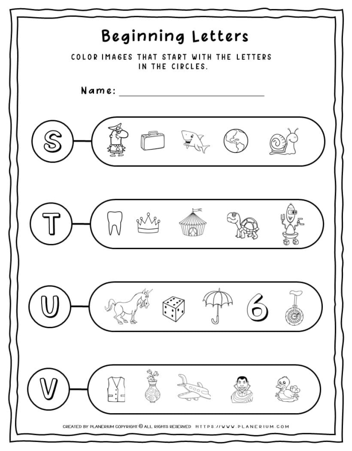 Worksheet for practicing beginning sounds of R, S, and T for Kindergarten students