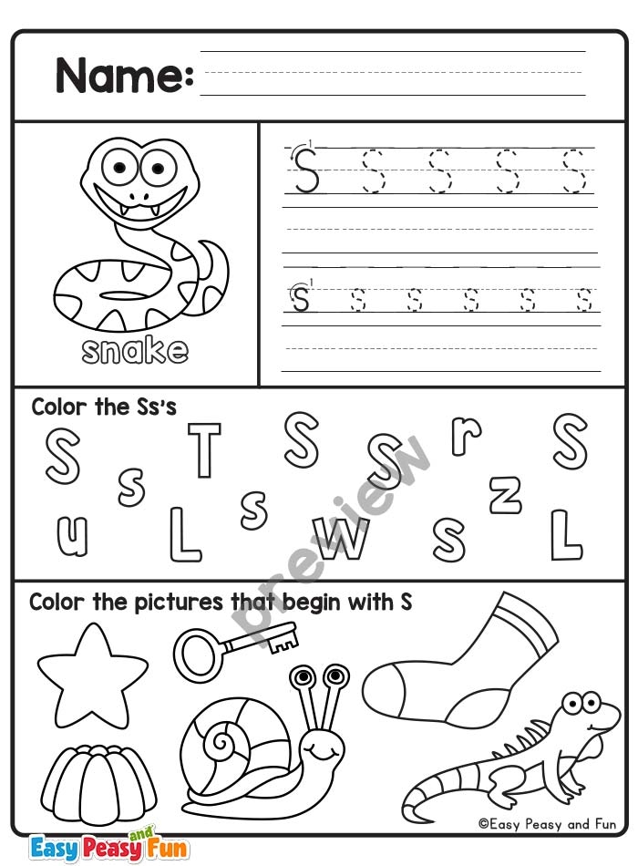 Kindergarten worksheet featuring exercises to identify the beginning sounds for the letters R, S and T