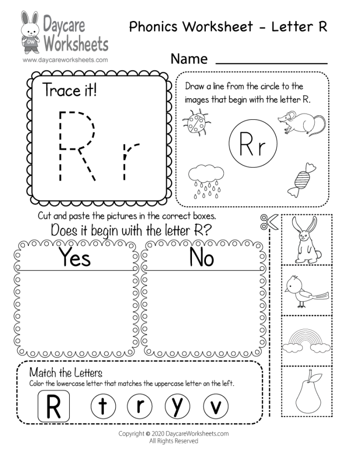 Worksheet for practicing beginning sounds of the letters R, S, and T for kindergarten students