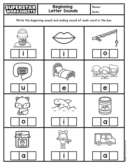 Worksheet for practicing beginning sounds of R, S, and T for kindergarteners