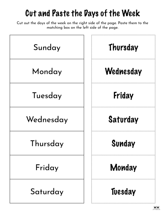 Kindergarten worksheet featuring a colorful layout to help children learn the order of the seven days of the week