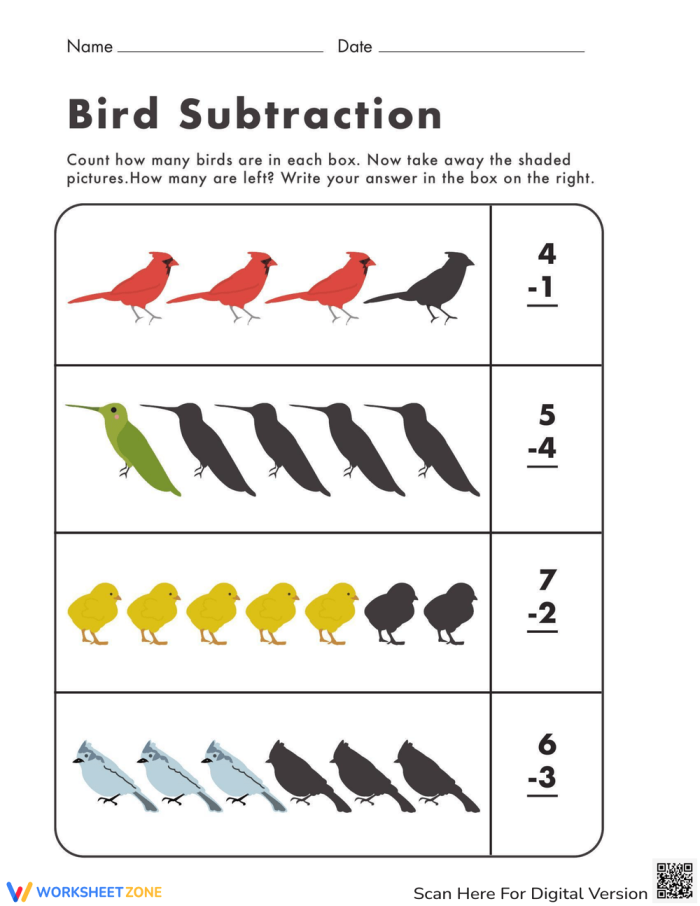Bird Subtraction Worksheet for Kindergarten Learning Activities Young children engaging in subtraction using bird illustrations on a worksheet