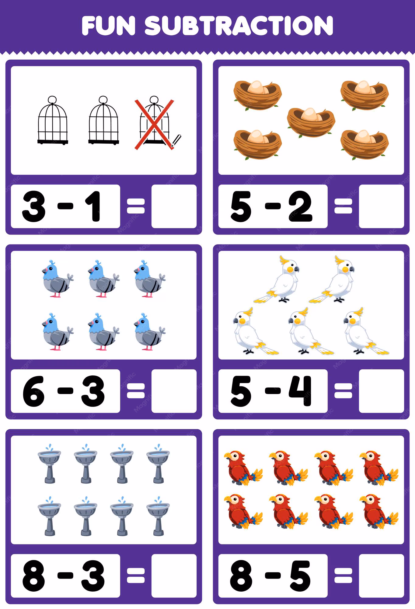 Life Science worksheet for Kindergarten Bird subtraction worksheet designed for kindergarten students practicing basic math skills. Engaging subtraction activities featuring colorful birds for young learners.
