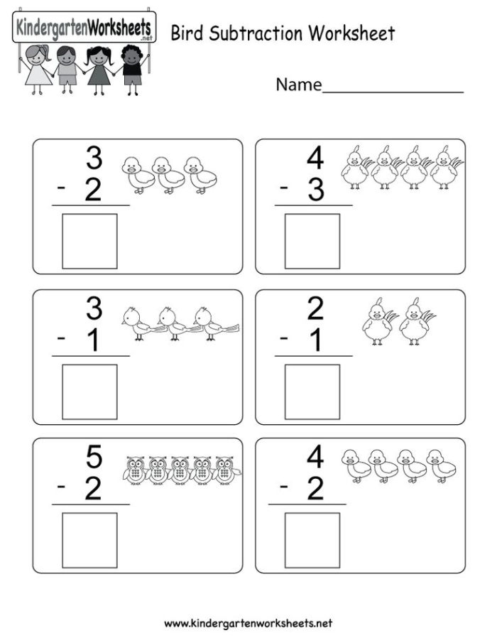 Bird Subtraction Worksheet for Kindergarten Learners Young children engaging in bird-themed subtraction activities on a colorful worksheet