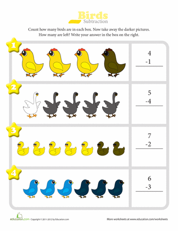 Bird Subtraction Worksheet for Kindergarten Life Science Activities Young children engaging in subtraction with colorful birds on a fun worksheet