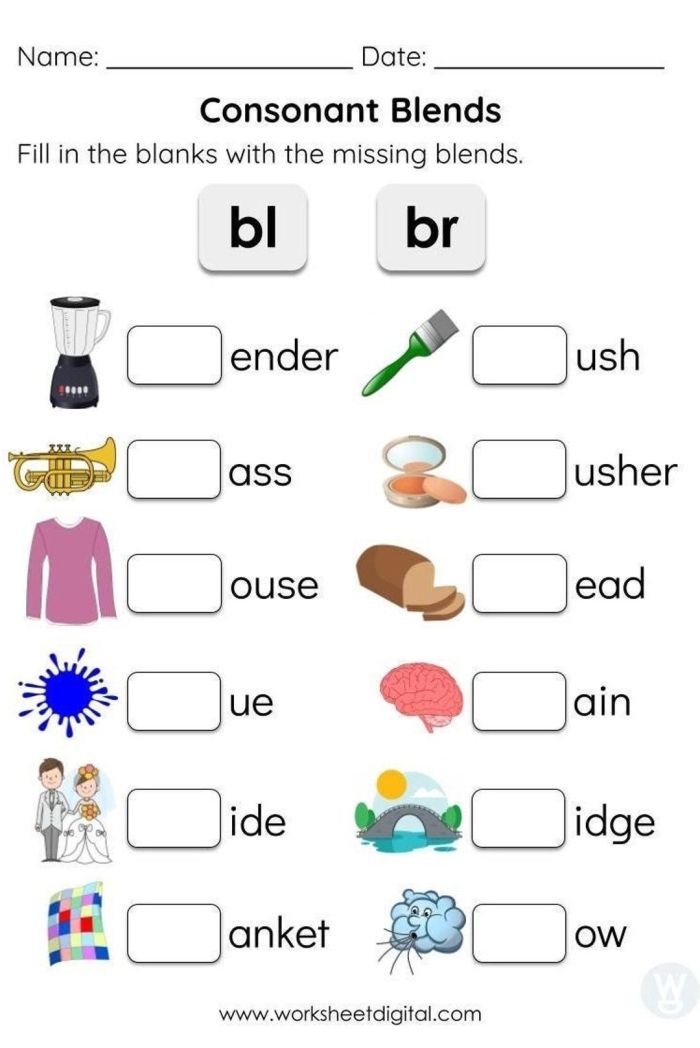 Beginning Consonant Blends worksheet for kindergarten students featuring a fill-in-the-bubble format