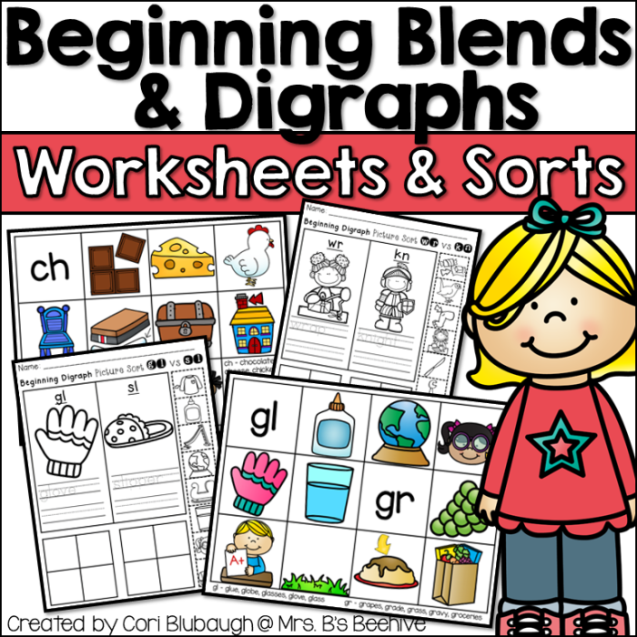 Blends and digraphs sorting worksheet for kindergarten phonics practice