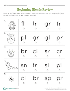 Beginning Blends Review Worksheet 13 for Kindergarten Literacy Kindergarten student working on a beginning blends review worksheet with frog and snake illustrations