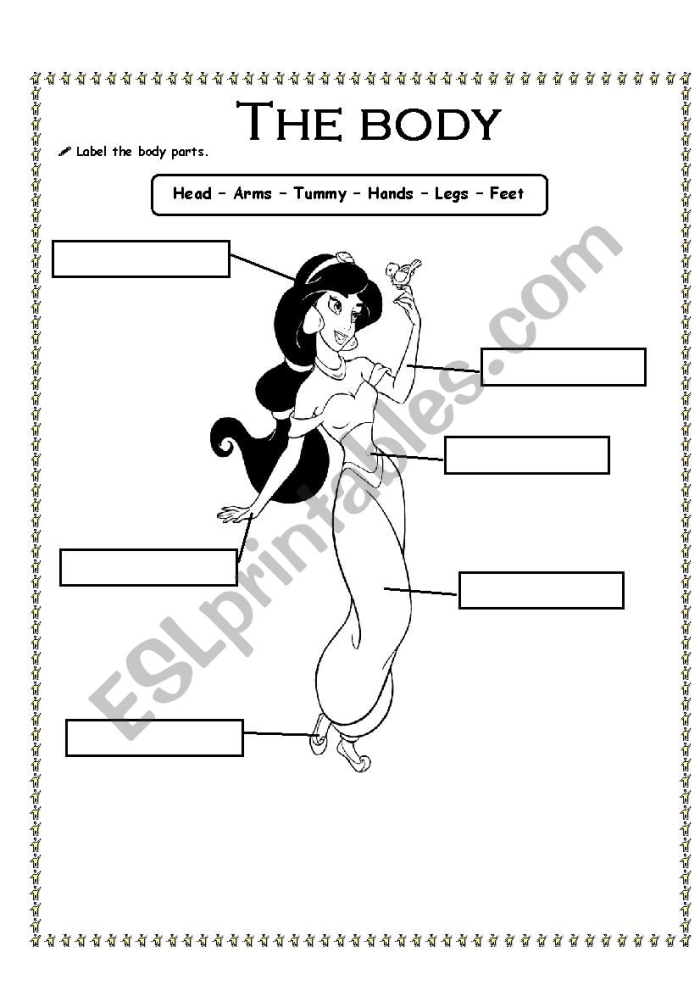 Kindergarten student using a label the body parts worksheet to practice reading skills