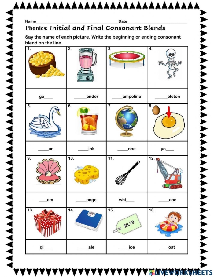 Kindergarten worksheet with a fill-in-the-bubble test focused on beginning consonant blends
