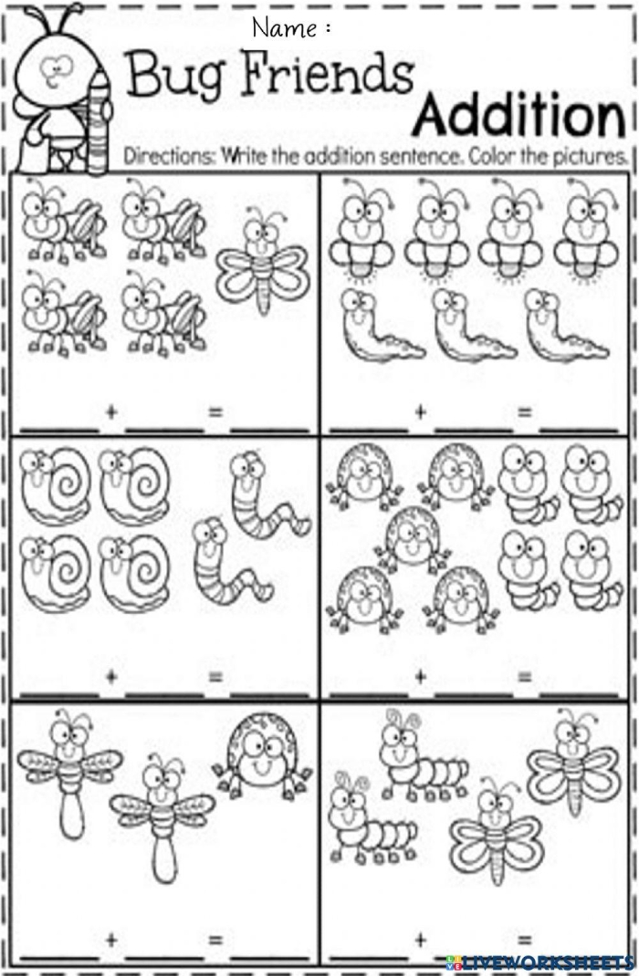 Buzzing Bugs Addition Worksheet for Kindergarten Math Practice 17 Kindergarten students practicing addition up to 10 with a fun bug-themed math worksheet number 17
