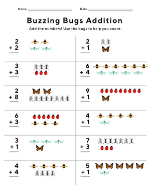 Buzzing Bugs Addition Worksheet for Kindergarten Math Practice 6 Kindergarten students solving addition problems up to ten using a cute bug-themed math worksheet