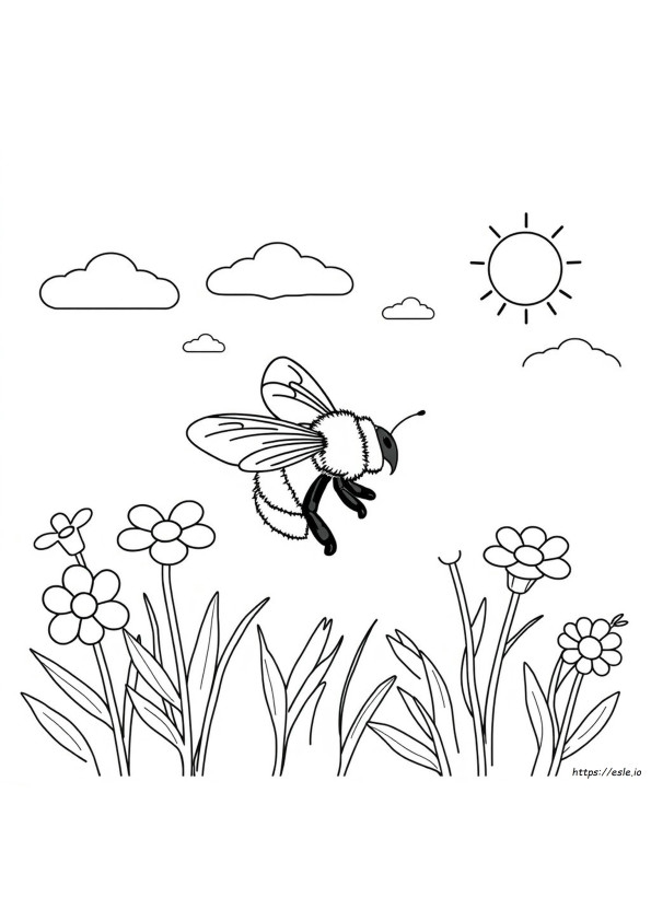 Bumble Bee Coloring Page - Kindergarten Fractions Activity 1 A kindergarten student coloring a bumble bee and flowers in a nature scene for a fractions worksheet