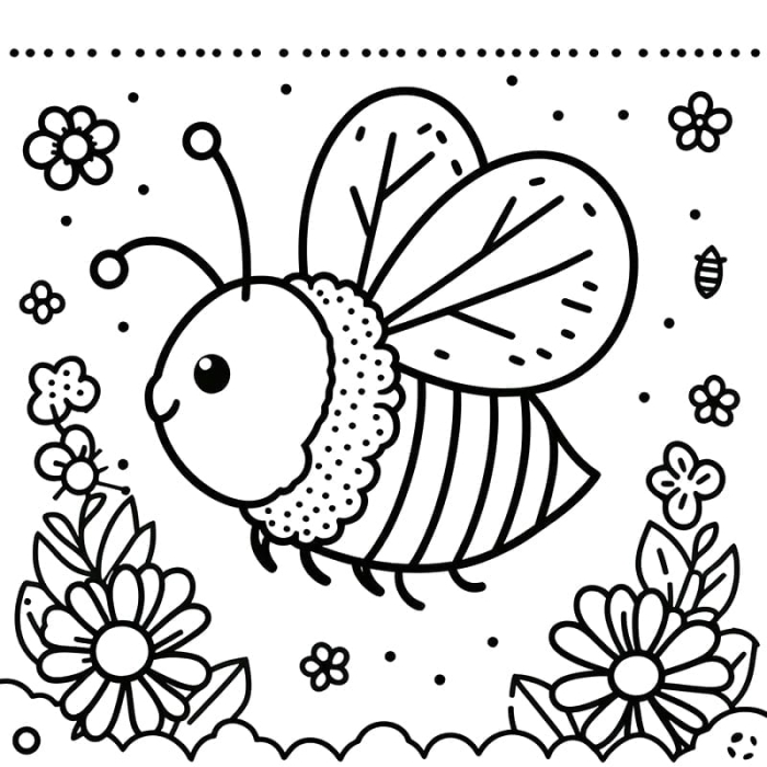Bumble Bee Coloring Activity for Learning Fractions in Kindergarten A kindergarten student coloring a bumble bee and flowers in a nature scene for a fractions worksheet