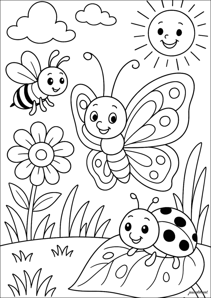 Kindergarten student coloring a butterfly with the word Springtime on this science worksheet