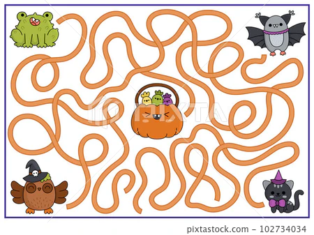 Colorful Trick-or-Treat Game worksheet for kindergarten students featuring a candy maze