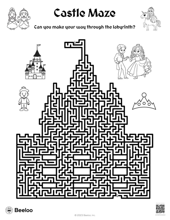 Kindergarten worksheet featuring a challenging castle maze for young learners