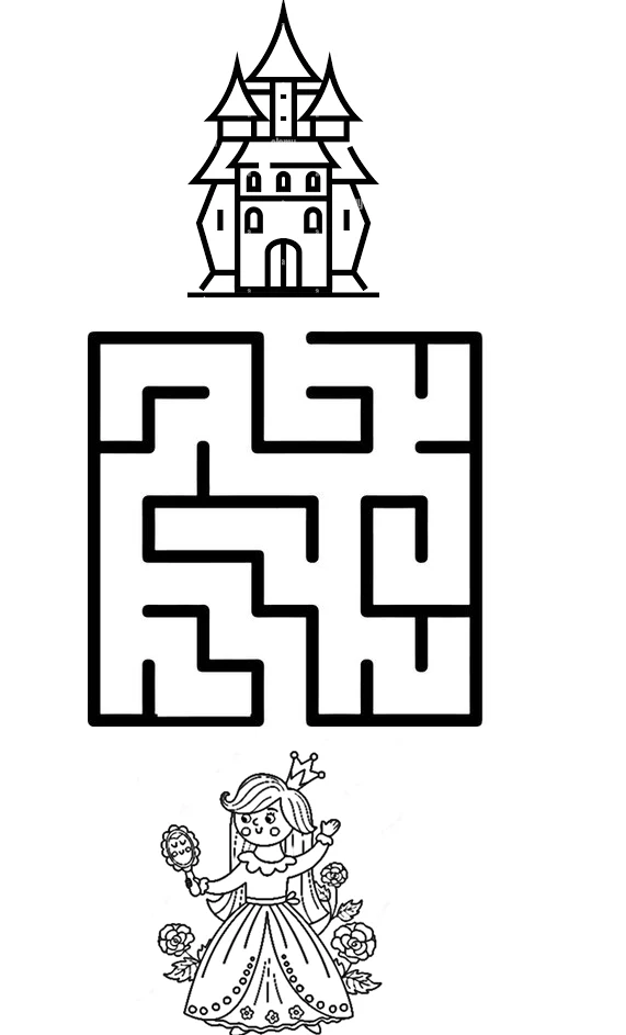 Kindergarten worksheet featuring a printable maze inside a castle layout