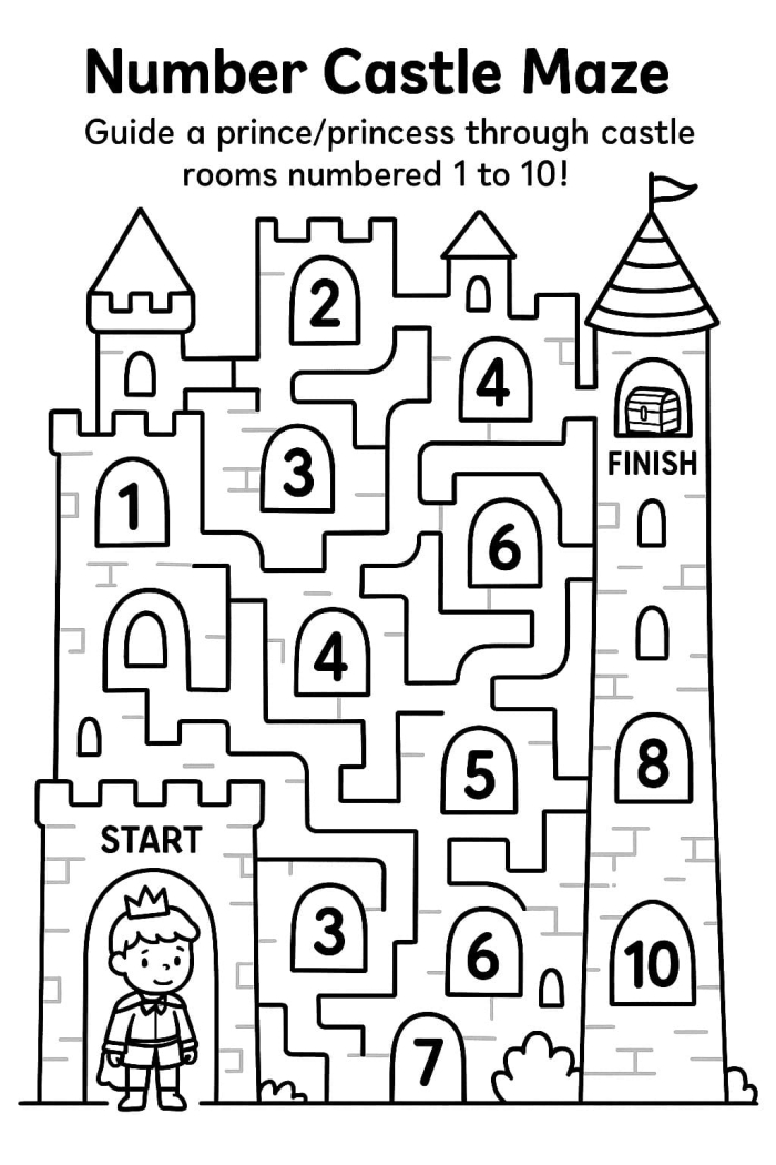 A Kindergarten student navigating a stone castle maze worksheet