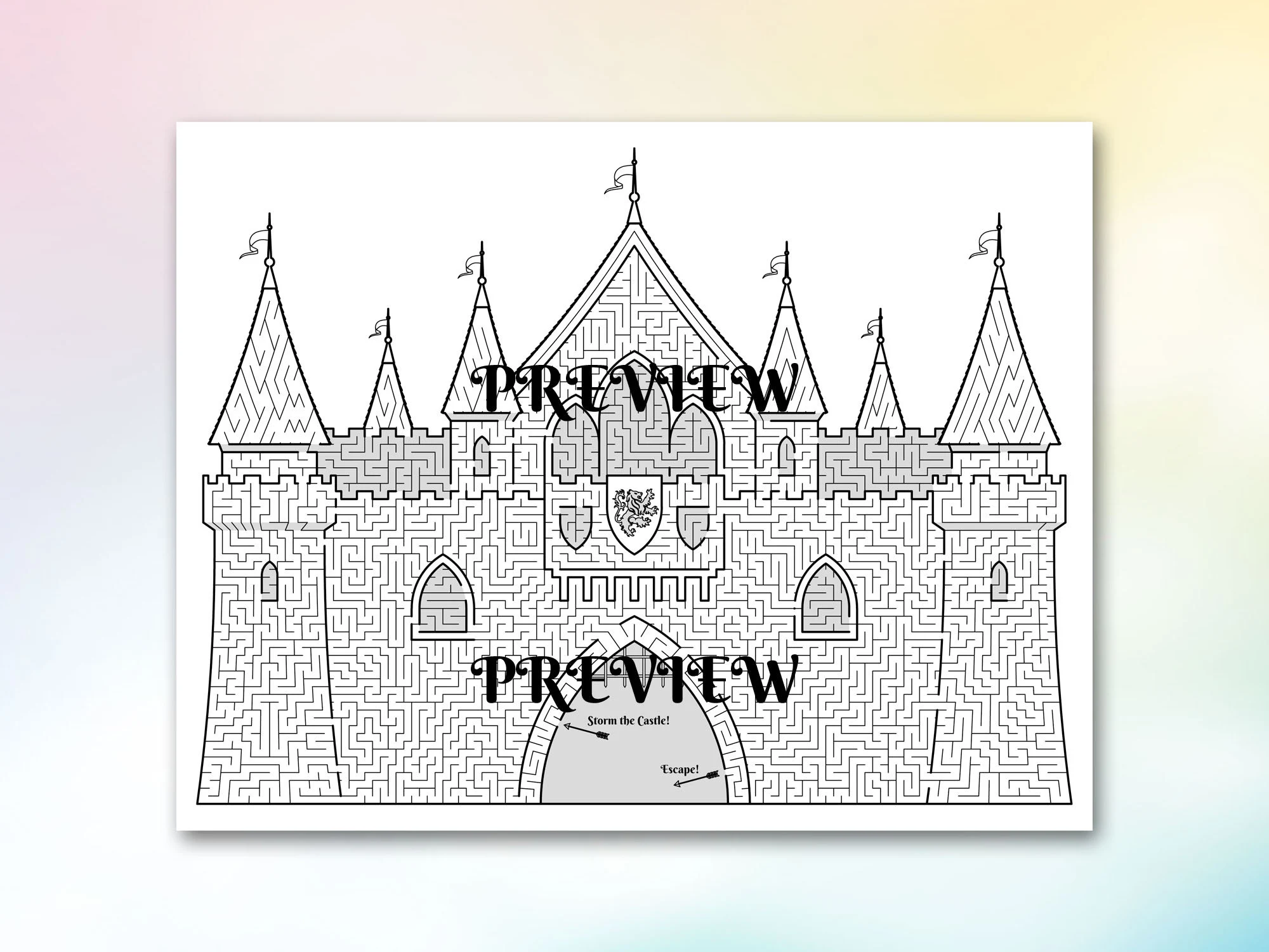 Kindergarten reading worksheet featuring a fun castle maze puzzle for children to solve