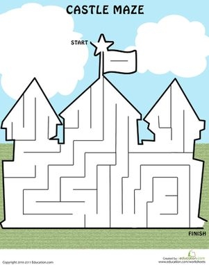 A colorful castle maze worksheet for kindergarten children to navigate. Fun castle maze activity for early readers in kindergarten.