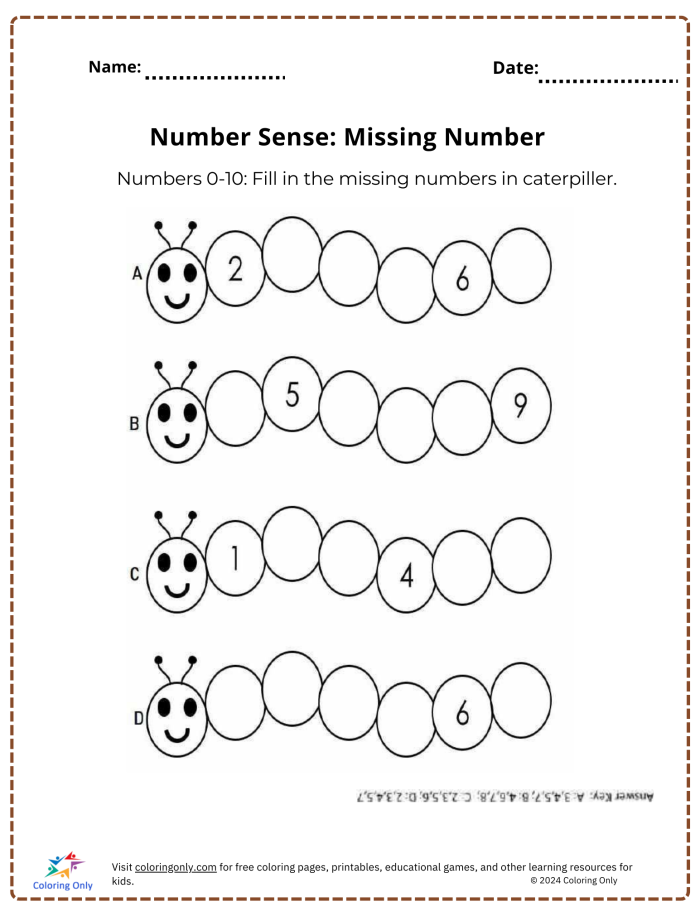 Colorful caterpillar with missing numbers from 5 to 10 sequence that students must identify and fill in